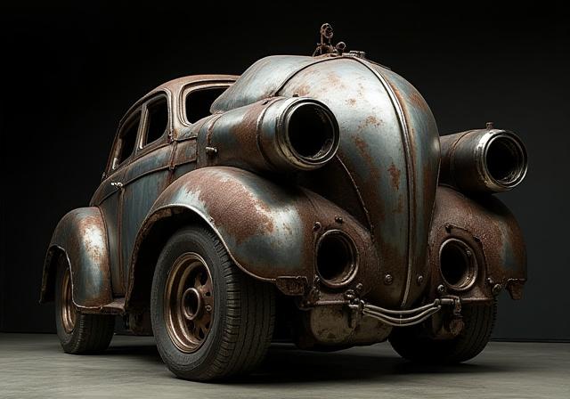 Eine Skulptur aus recycelten Autoteilen